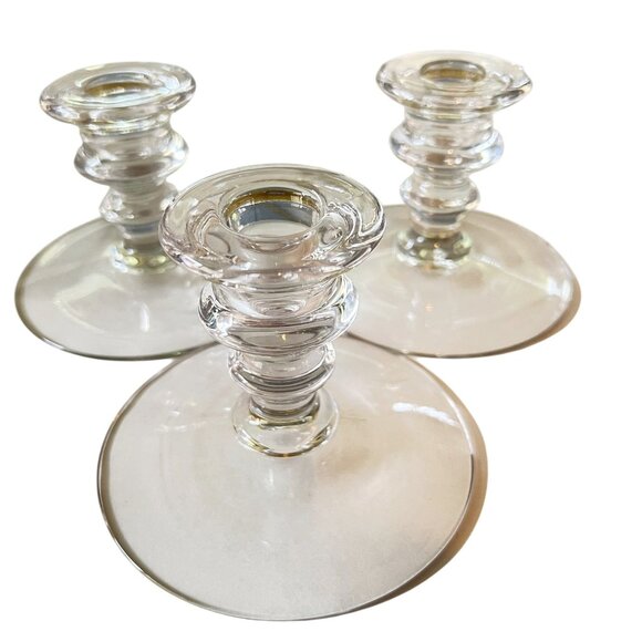 Set Of 3 Vtg Clear Pressed Glass Taper Candle Holder Mid-Century Ribbed Design - Picture 7 of 13